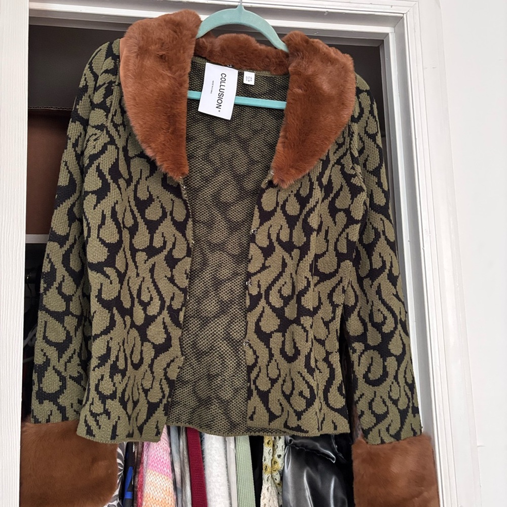 Collusion faux fur trim sweater